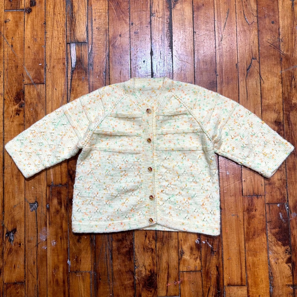 Cardigan Baby Yellow Flecked Yarn Chunky Knit Raglan Sleeve Button Front Cozy